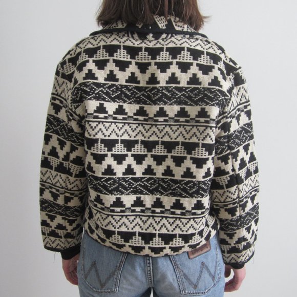 80s-90s Black & white woven jacquard crop jacket - Picture 3 of 4